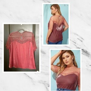 Mock Neck Dot Mesh Shoulder Chevron Velvet Top